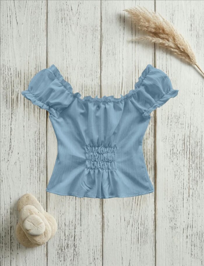 back view sky blue ruffle top